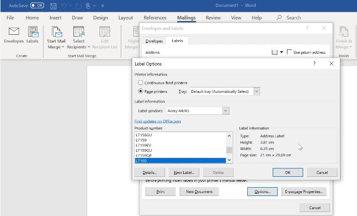 how to print avery l7160 labels in word